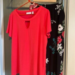 Susan Graver Hot Pink Keyhole Short Sleeve Top and Floral Pants